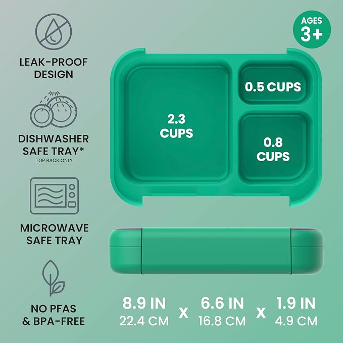 Bentgo Kids Stow & Go Leak-Proof Lunch Box with Built-In Utensil | 3.5-Cup Capacity, Removable Tray, Portion-Perfect Compartments for Kids and Teens, 2-in-1 Spoon & Fork (Gray Leaf)