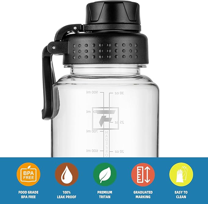 Fanhaw 32 oz Clear BPA-Free Tritan Water Bottle with Fast-Flow Spout Lid, Leakproof Wide-Mouth Reusable Bottle for Gym, School & Office (Clear&Black)