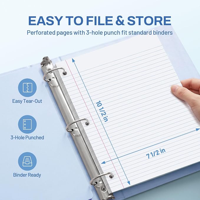 SUNEE Spiral Notebook, 1-Subject, College Ruled Paper, 8" x 10-1/2", 100 Sheets per Notebook, 3-Hole Punched Paper, Water Resistant Cover, Double-sided Pockets, Dark Blue
