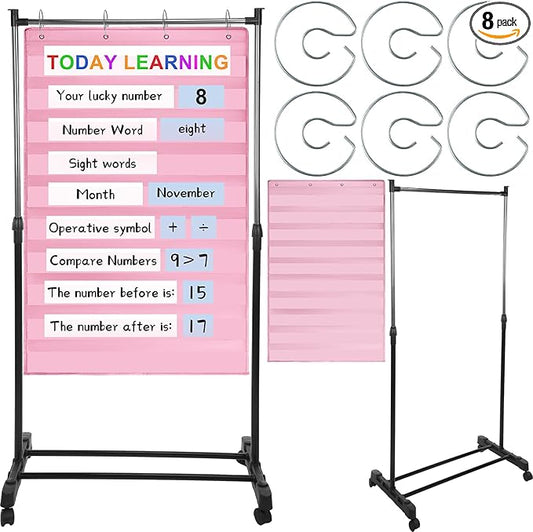 8 Pcs Adjustable Pocket Chart Stand Set Include 1 Standard Pocket Chart 6 Replacement Rings and 1 Adjustable Stand for Classrooms Home Teacher Lessons Educational Tools (Pink)