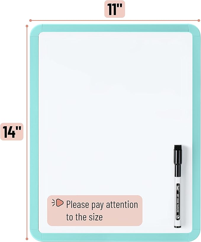 Mr. Pen- Dry Erase Board, 14” x 11” with a Black Dry Erase Marker, Mint Green Frame, Small Mini White Board for Students, Fridge, Wall, Locker, Includes Double Sided Tapes
