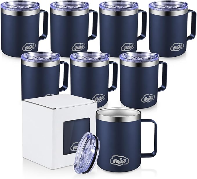 12oz Insulated Coffee Mug with Handle, Stainless Steel Wide Mouth Travel Tumblers with Lid, Double Wall Vacuum Coffee Cup for Camping, Office, Navy Blue 8 Packs