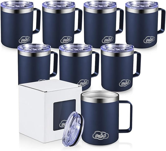 12oz Insulated Coffee Mug with Handle, Stainless Steel Wide Mouth Travel Tumblers with Lid, Double Wall Vacuum Coffee Cup for Camping, Office, Navy Blue 8 Packs