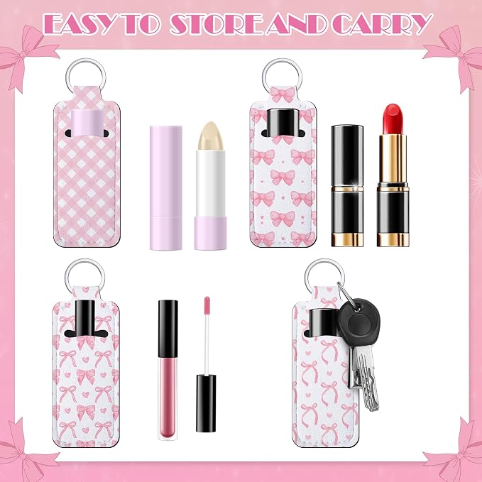 12 Pcs Pink Bow Lipstick Holder Keychain Bulk Cute Pocket Lip Balm Holder Keychain Backpack Purse Accessories for Women Lip Gloss Sleeve Pouch, 6 Style