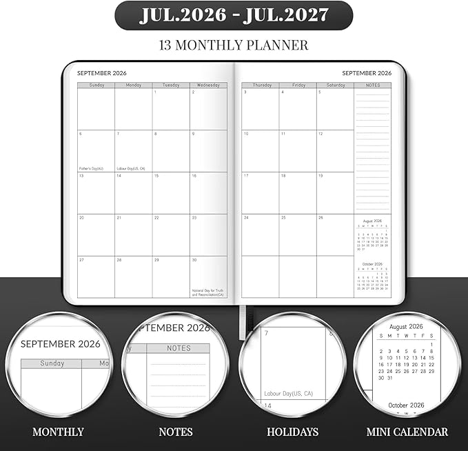 Lonely Oak Academic Planner 2026-2027, A5 Daily Weekly and Monthly Planner 5.75" x 8.4", 13 Months Faux Leather School Year Agenda from Jul.2026 to Jul.2027 for Student and Teacher (Black)