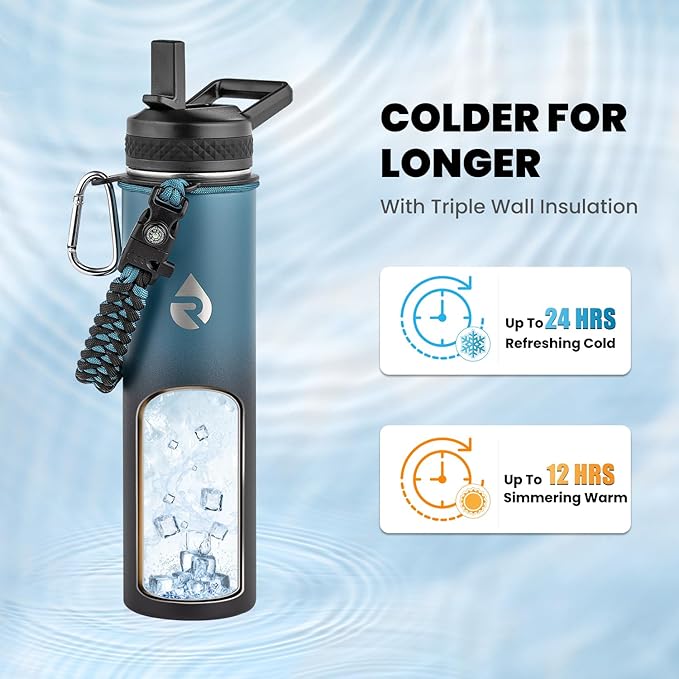 RAYMYLO Insulated Water Bottle 24oz, Triple Wall Vacuum Stainless Steel (Cold for 24Hrs, Hot for 12Hrs), Leak Proof & Non-BPA, 24oz Hydro Water Flask with Paracord Handle & Straw Spout Lids
