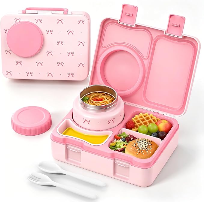 Kids Insulated Lunch Box with 8OZ Thermo Food Jar | Leakproof Bento Box with Ice Pack Sauce Cup Utensils Removable Tray & Dividers for School Daycare Travel, Bows
