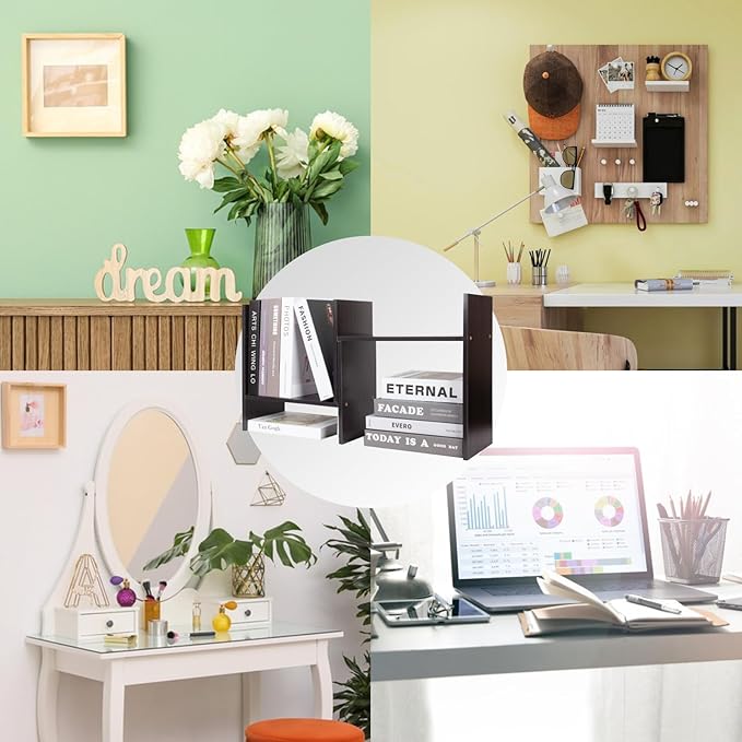 ShellKingdom Desk Shelf Organizer, H-Shaped Desktop Shelves, Adjustable Desktop Corner Shelf, Bookshelf Storage Rack and Cubicle Decor for Desk, Tabletop, School, Office, Dorm Desk Organizer - Black