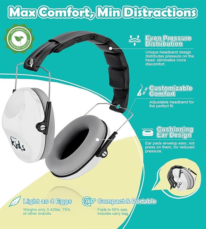 PROHEAR 032 2.0 Noise Cancelling Headphones for Kids - 25dB Noise Reduction - Adjustable Sensory Ear Protection Muffs for Concert, Fireworks, Monster Truck Shows, School - White