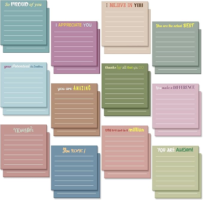 Yinder 24 Pcs Inspirational Sticky Notes Cute Motivational Sticky Notes Pad End of Year Employee Appreciation Gifts Bulk for Teacher Nurse Coworkers Office Supplies 3 x 3''(Appreciation,Morandi Color)