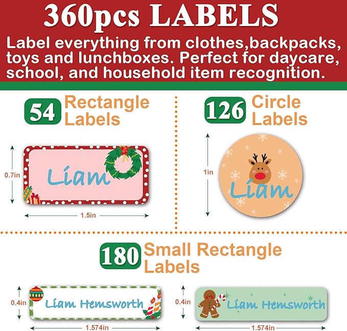 Waterproof Name Stickers for Kids, 360pcs Removable Name Labels for Water Bottles, Lunch Boxes and Daycare School Name Tag (Christmas)