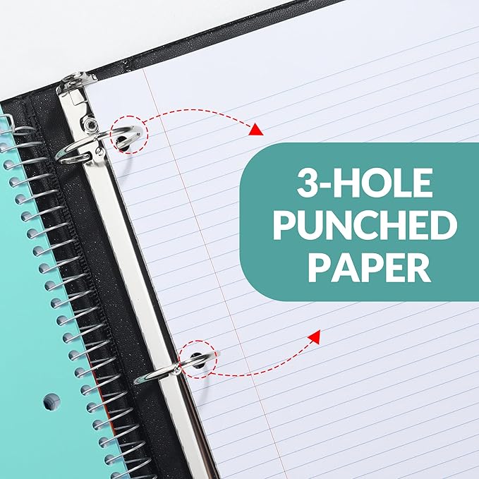 SUNEE 5 Subject Notebook College Ruled - 400 Pages, 9"x11", 5 Pocket Colored Dividers, 3-Hole Punched Paper, Teal