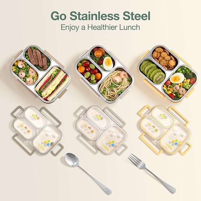 NUKied Stainless Steel Lunch Box for Kids & Adults, 3-Compartment Leak Proof Metal Bento Lunch Box with Fork & Spoon, 26.4 oz Airtight Food Storage Snack Container for School, Work, Travel (Brown)