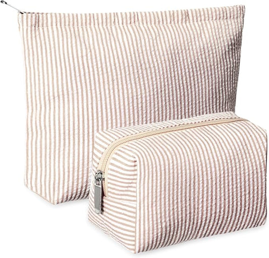 Huhumy 2 Pcs Makeup Bag Set for Women, Khaki, Thin Striped Seersucker | Cute Cosmetic Pouch Women Travel Toiletry Bag Preppy Small Makeup Purse Pouch Aesthetic Skincare Brushes Storage Organizer