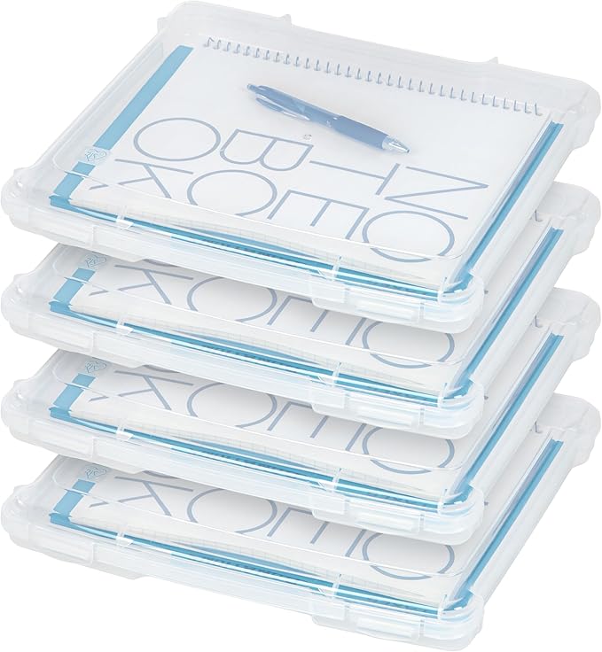 IRIS USA Board Game Storage Containers, 4-Pack |Made in USA| Organizers with Built-In Handle & Snap-Tight Lid for Puzzles, Scrapbook, and Fits 8.5" x 11" or A4 Papers, Slim - Clear