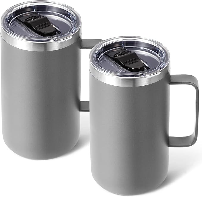 Volhoply 22oz Insulated Stainless Steel Coffee Mugs with Leakproof Lid Bulk 2 Pack,Double Wall Vacuum Travel Coffee Cup with Handle,Reusable Metal Tumbler,Camping Mug Keep Hot&Cold(Gray,2)