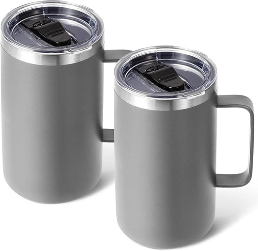 Volhoply 22oz Insulated Stainless Steel Coffee Mugs with Leakproof Lid Bulk 2 Pack,Double Wall Vacuum Travel Coffee Cup with Handle,Reusable Metal Tumbler,Camping Mug Keep Hot&Cold(Gray,2)