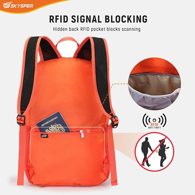 SKYSPER Small Packable Hiking Backpack 20L Anti-theift Travel Daypack | RFID Ultralight Foldable Walking Backpack with Water Bottle Holder, Nylon, Multi-compartment, Everyday Carry for Men Women
