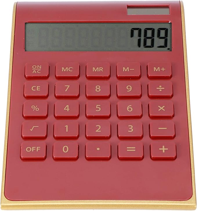 Portable 10 Digits Calculator Tilted LCD Display Ultra Thin Solar Power Calculator for Home Office Business(Red)