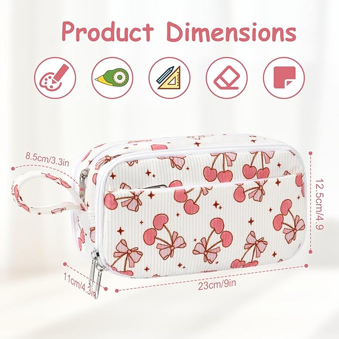 BuyCard Large Capacity Pencil Case, White With Pink Cherry Pattern, Corduroy Pencil Bag with Zipper Closure, Graduation Gift Office Stationery Storage Pen Pouch for Classroom Teacher