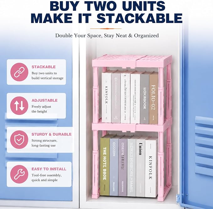Svartur Adjustable Locker Shelf Pink Height and Width Adjustable Locker Organizer Shelf for School Locker, Stackable Locker Stand Tools for Gym Lockers, Office, Back to School Essentials