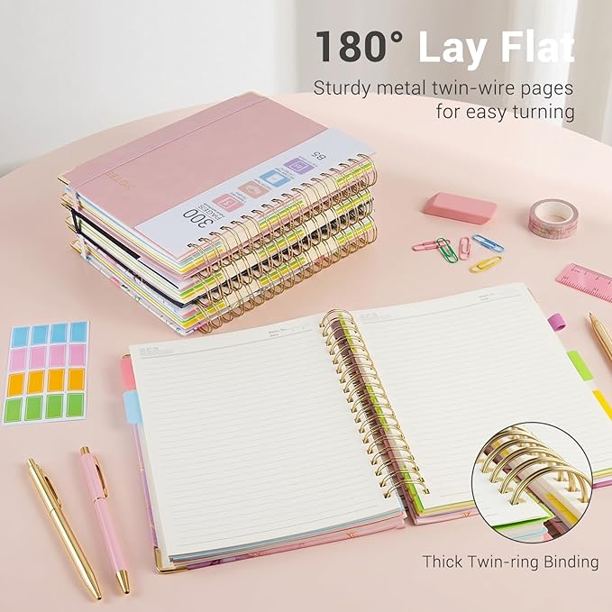 Hardcover Spiral Journal Notebook, 300 Pages 5 Subject Notebook College Ruled with Removable Dividers Tabs, 8" x 10" Notebooks for Work, Spiral Ruled Lined Writing Journal Hardcover Leather Notebook for School (Black, 8''x 10'')