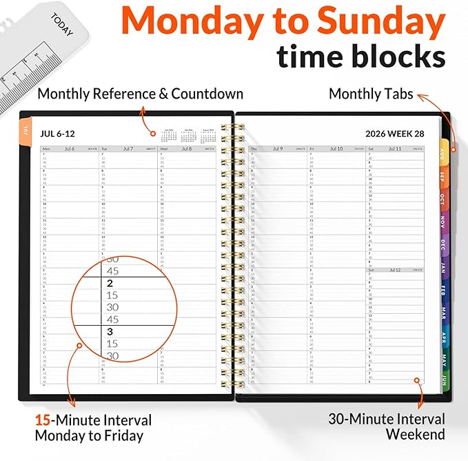 SUNEE 2026-2027 Appointment Book, Quarter-Hourly, Weekly & Monthly - from July 2026 to June 2027, 8.5"x11" Academic Planner, Flexible Cover, Note Pages, Bookmark, Spiral Binding, Black