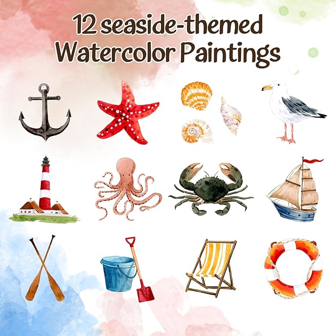 Watercolor Workbook for Beginners-Water Color Books Paint Set with 12 Original Patterns,Water Coloring Book with 12 Colors&Brushes,Arts&Crafts Birthday Gifts(Seaside)