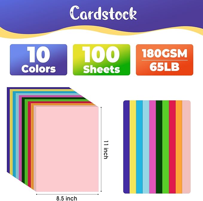 CreGear 100 Sheets Colored Cardstock Printer Paper 8.5 x 11, 10 Assorted Colors Card Stock, 180gsm/65lb Multicolor A4 Colorful Construction Paper for Crafting, Christmas DIY Card Making, Scrapbooking