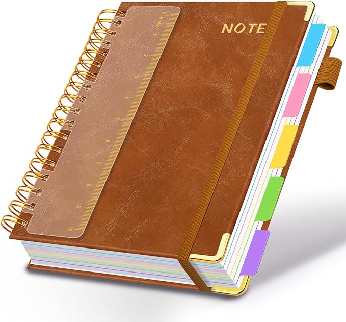 Hardcover Spiral Notebooks for Work 8.5''x 11'', 300 Pages 5 Subject Notebook with Dividers & Tabs, A4 Spiral Journal for Women, College Ruled Notebooks for School Note-Taking (Light Brown)