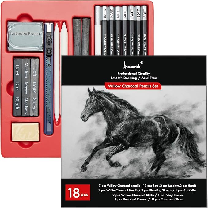 Brusarth Charcoal Pencils for Drawing, 18 Pcs Art Pencil Kit, Professional Sketching Pencil, Art Supplies for Drawing, Shading, Sketching, Blending, Artist Pencils for Beginners & Artists