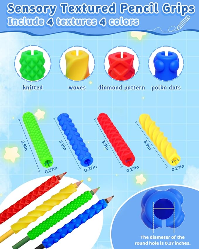 4-Pack Sensory Pencil Grips for Kids Adults,Textured Fidgets Pencil Grips for Kids Handwriting, Quiet Calming Focus Tools for Anxiety Relief, ADHD&Autism Tools,for Classroom Rewards