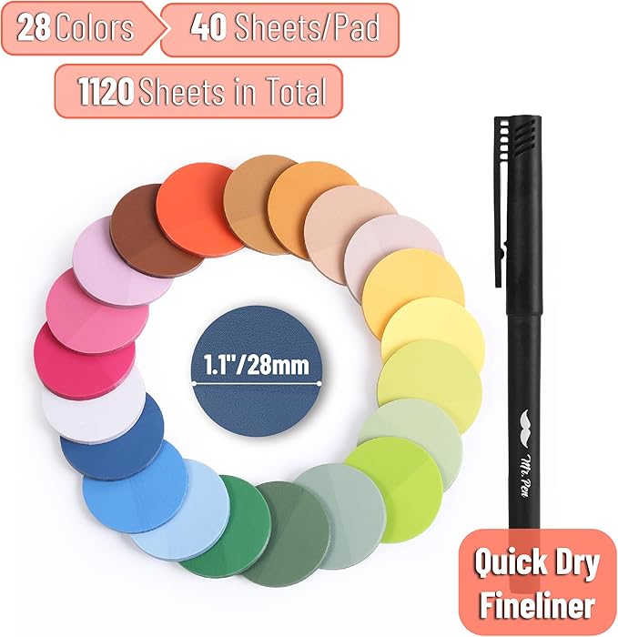 Mr. Pen- Round Transparent Sticky Notes, 1.1” Diameter, 28 Pads, 1120 Sheets, Colorful, Water-Resistant See-Through Sticky Notes Bulk & Fineliner, Smooth Writing, Note Tabs for Bible Journaling