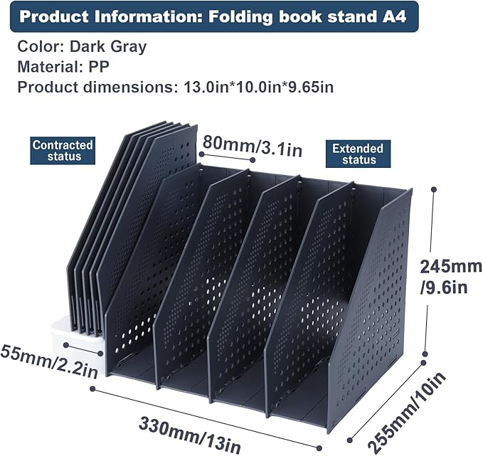 FRETONBA Collapsible Magazine File Holder with 4 Vertical Compartments Foldable Binder Holder for Desk Binder Storage Organizer Plastic Magazine Holders for Shelf, Dark Gray