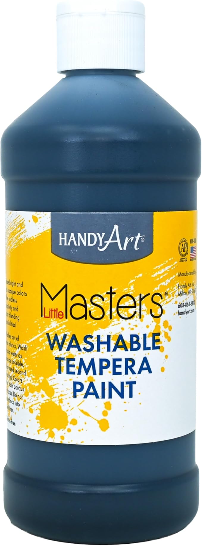 Handy Art Little Masters Washable Tempera Paint, Black, 16 oz Bottle, Bright & Mixable, High Opacity, Washable Colors for Classroom, Students, Kids, Young Artists, Safe & Non-Toxic, Made in USA