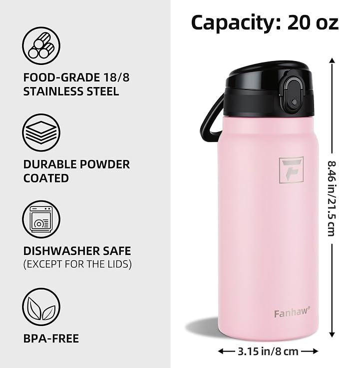 Fanhaw 20 Oz Insulated Stainless Steel Water Bottle with Chug Lid – Wide Mouth, Leak-Proof, BPA-Free – Ideal for Kids, Adults, Sports, Gym, and Outdoor Use (Pink)