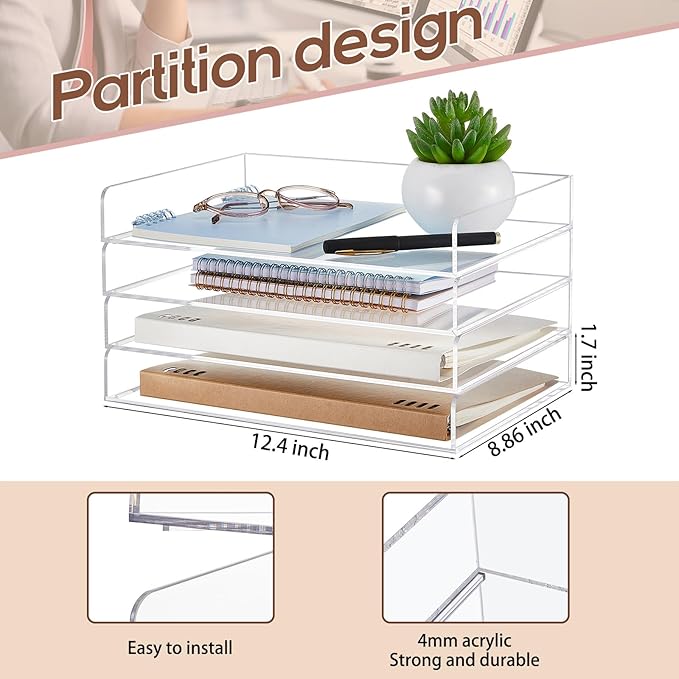 Harloon 4 Tier Paper Organizer Letter Tray Acrylic Desk File Organizer Heavy Duty Stackable Documents Clear Letter Paper Holder Sorter Office Tray for A4, Office Classroom Home File Pad Notebooks