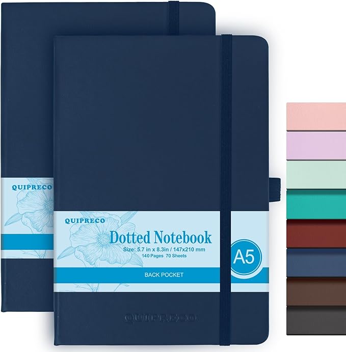 2Pack Bullet Dotted Journal Hardcover Notebook, A5 140 Pages 120Gsm Thick Paper for School,Note Taking,Work,Diary，5.7''*8.3'',Navy