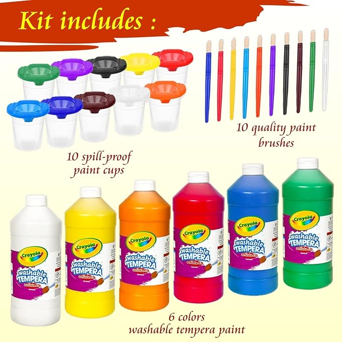 Kids Painting Set, Washable Paint for Kids with Painting Cups, Tempera Paint Set with Toddler Paintbrushes, Classroom Paints 16 oz Ea. Toddler Bulk Paints Supplies, Gifting Bundle