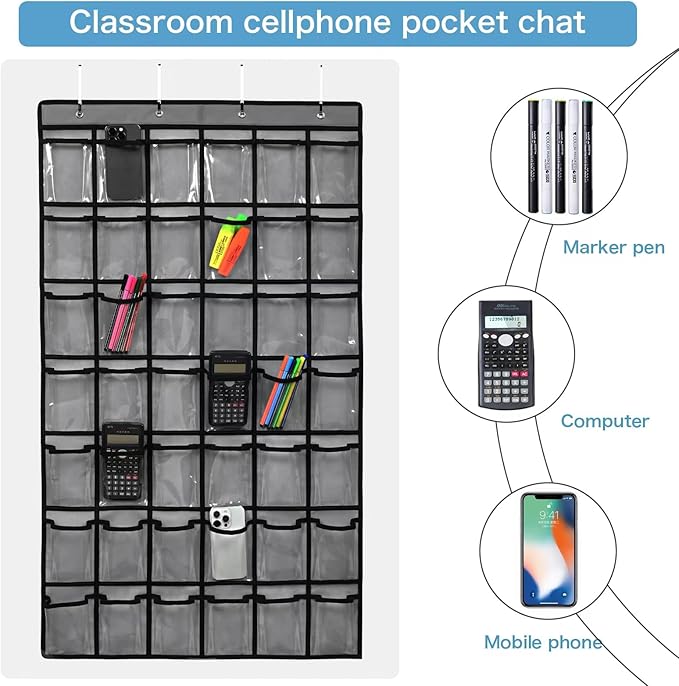 SAVERHO 42 Pocket Classroom Pocket Chart for Cell Phones and Calculator,Clear Cellphone Pocket Chart for Classroom with Number Sticker and hooks (Grey-42 Pockets)