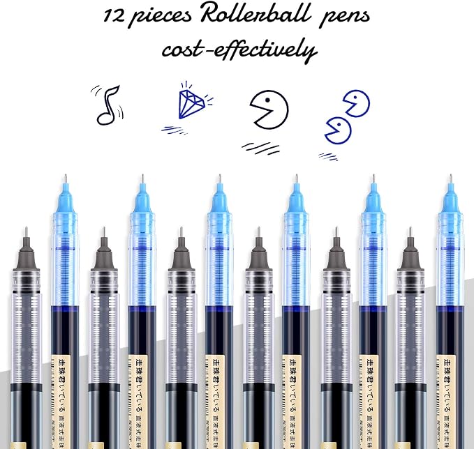 Frienda 12 Pcs Rolling Ball Pen 0.5 mm Japanese Pen,Black and Blue
