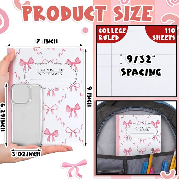 Fullhawl 6 Pack Composition Notebook College Ruled Bulk Pink Bow Composition Notebook Preppy Aesthetic for Back to School Supplies 110 Pages 9-3/4 x 7-1/2" Cute Cherry Journal for First Day of School