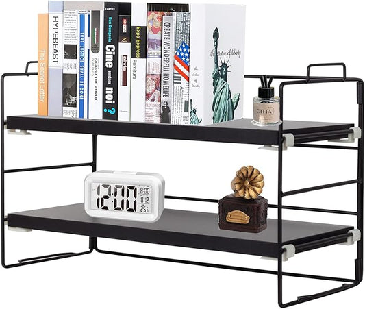 ShellKingdom Desk Shelf Organizer, 2 Tier Desktop Shelves, Adjustable Bookshelf Storage Rack and Office Cubicle Decor for Tabletop, School, Office, Dorm Organization (Black)