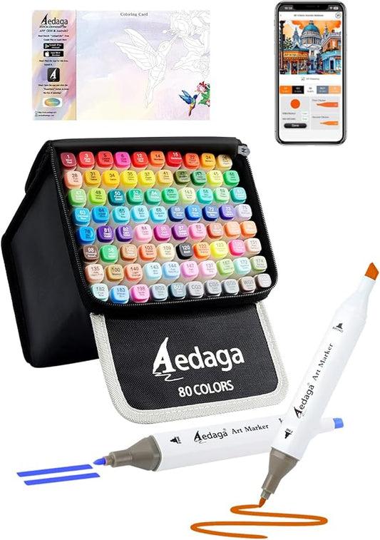 YHC 80 Colors Alcohol Markers with Free APP, Alcohol-Based Dual Chisel and Fine Tips Markers with Kickstand Case for Adult Coloring, Drawing, Painting and Sketching, Great Gift Idea for Artists