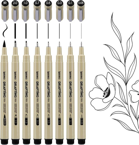Fineliner Pens - Archival Black Ink Pen - Pens for Writing, Drawing, or Bullet Journaling - Assorted Point Sizes (8 Count (Pack of 8))