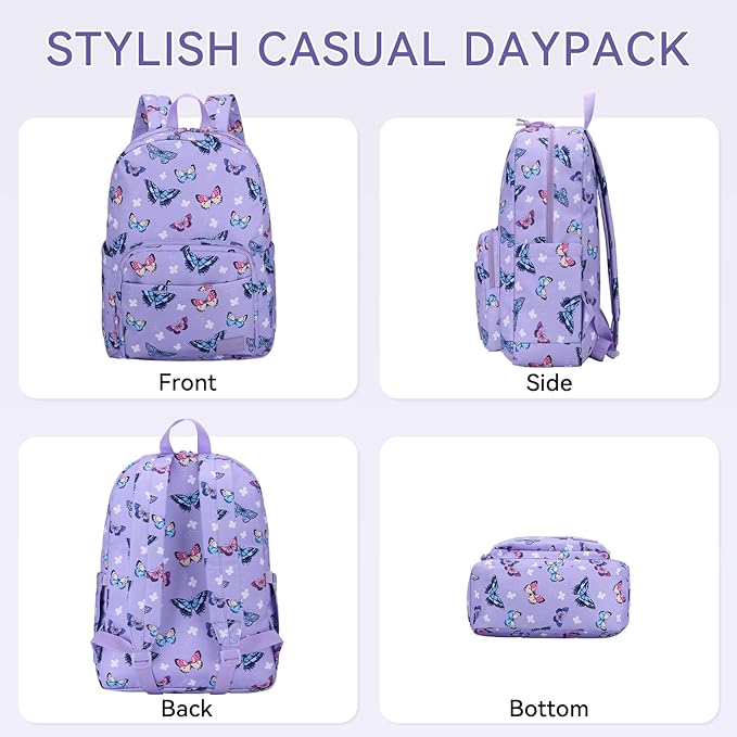 VASCHY School Backpacks, Lightweight Bookbag Schoolbag for Kid Girls Casual Basic Simple Daypack for Teen Girls Butterfly