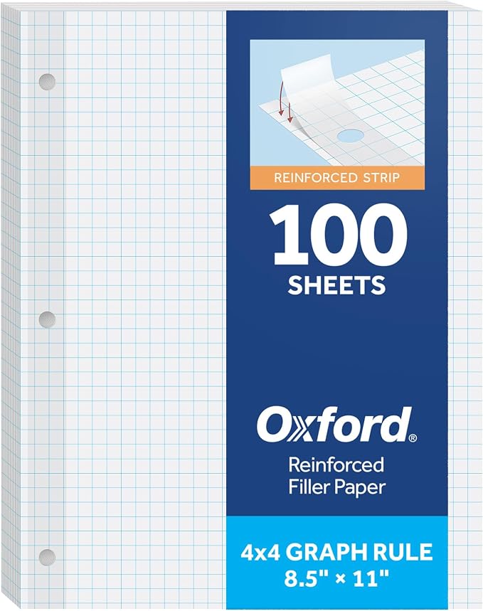 Oxford Graph Paper, 100 Sheets, 4x4 Quad Ruled, Reinforced 3 Hole Punched