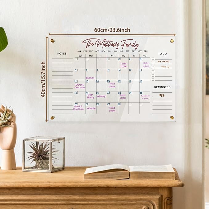 Clear Acrylic Calendar Dry Erase for Wall, Family Planner, Monthly Calendar Dry Erase Whiteboard for Home, Office, 24" x 16" Reusable White Board（YL-4060）