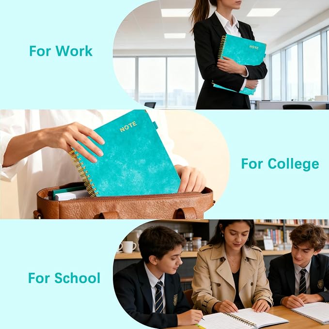Hardcover Spiral Notebooks for Work 8.5''x 11'', 300 Pages 5 Subject Notebook with Dividers & Tabs, A4 Spiral Journal for Women, College Ruled Notebooks for School Note-Taking (Cyan)