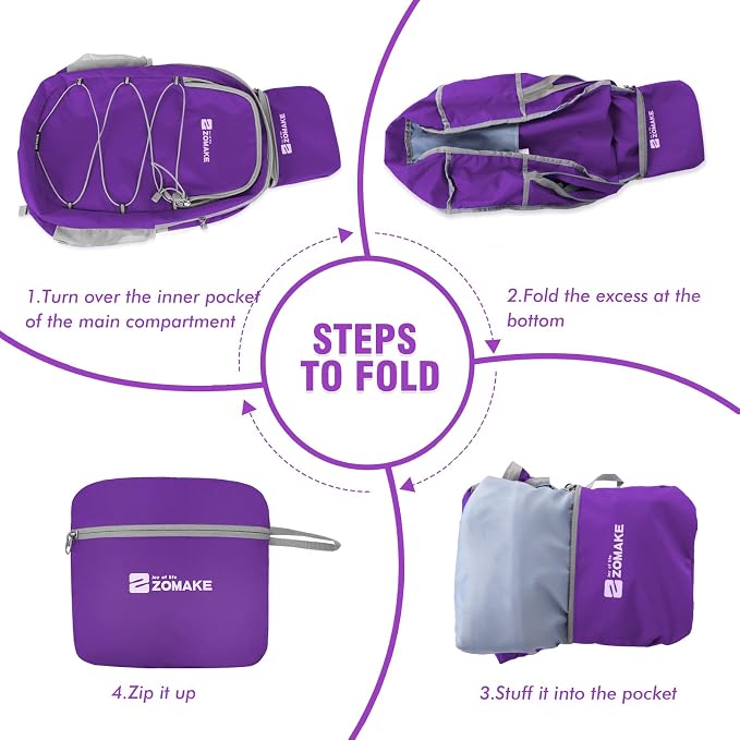ZOMAKE Lightweight Packable Backpack, Water Resistant Foldable Daypack 28L | Light Hiking Backpacks Collapsible Day Pack for Travel, Everyday Carry, Multi Compartment Storage, Adjustable Strap (Purple)